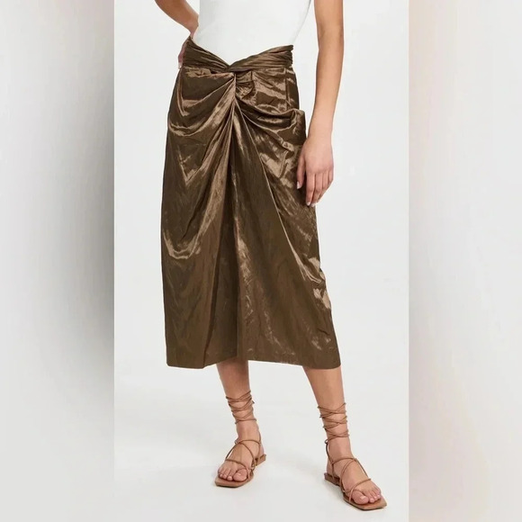Vince Twist-Front Metallic Gold Brown Midi Skirt in Cottonwood Cotton Blend 2 - Picture 1 of 10